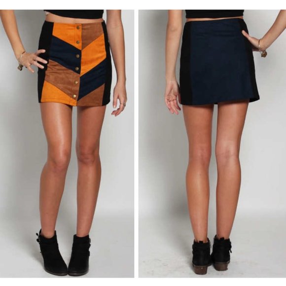 Lunik Perseus Color Block Chevron Suede Skirt Size L - Navy, Black, Ambe… - Picture 11 of 12